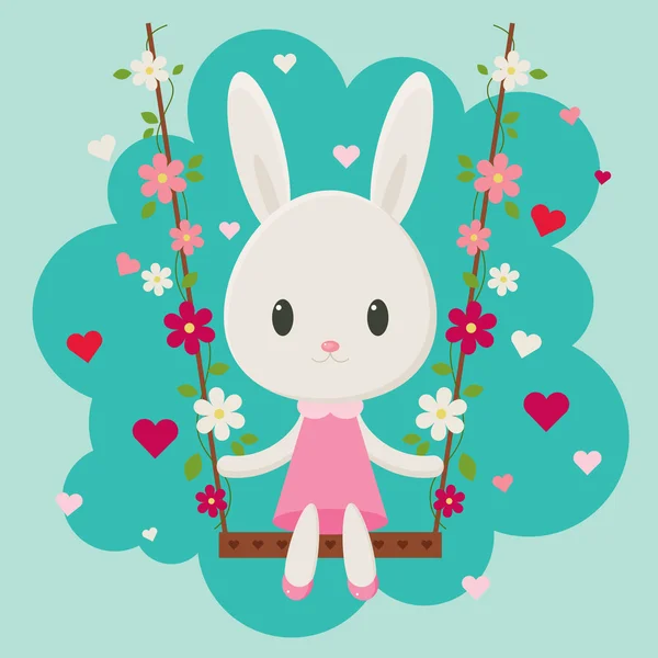 Cute cartoon bunny zittend op een floral schommel — Stockvector