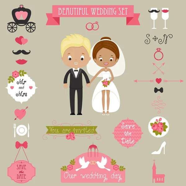 Cute couple and big wedding icons set — Stock Vector
