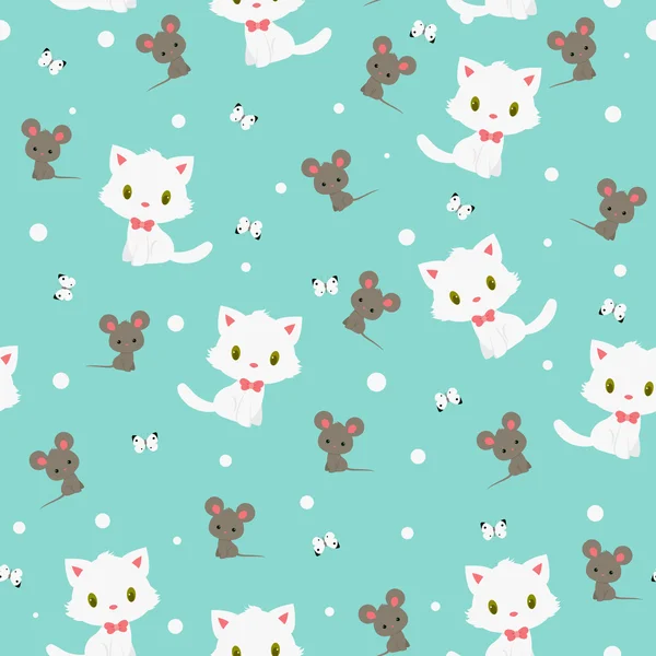White kitten and gray mouse seamless pattern — Stock Vector