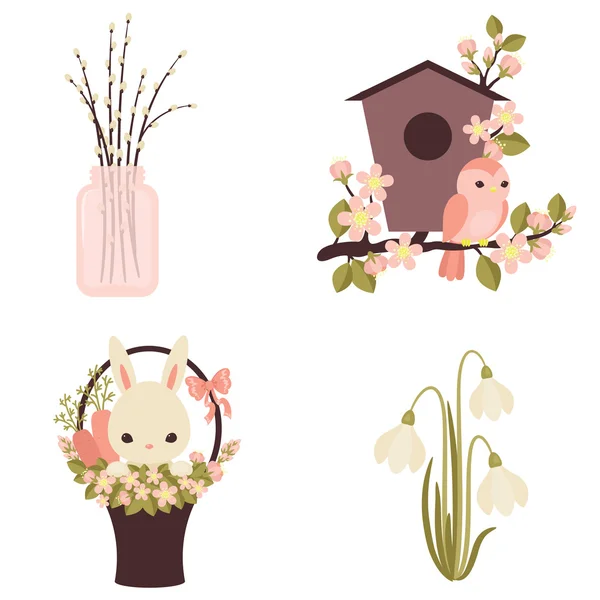 Frühlingssymbole. Blumen und Tiere. vier Vektorillustrationen. ep — Stockvektor