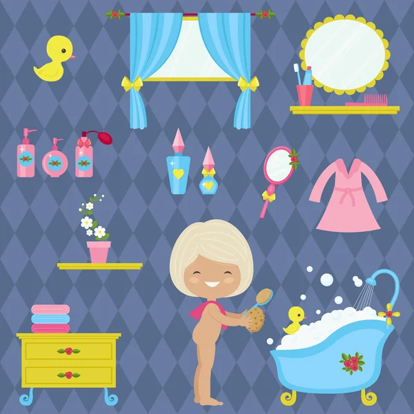 Zeit für kleines Mädchen im Badezimmer. Sammlung von Vektorsymbolen. — Stockvektor