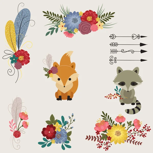 Iconos, separadores y flechas florales y animales . — Archivo Imágenes Vectoriales