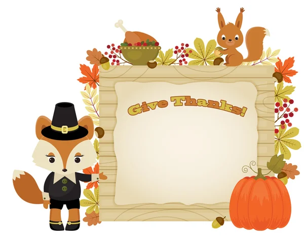 Hermosa ilustración de Acción de Gracias con animales y hoja de otoño — Vector de stock