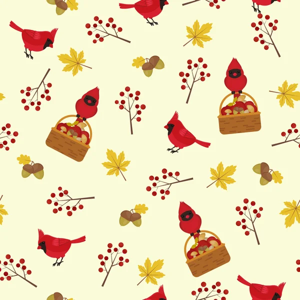 Autumn seamless pattern with cardinal bird — Stock Vector