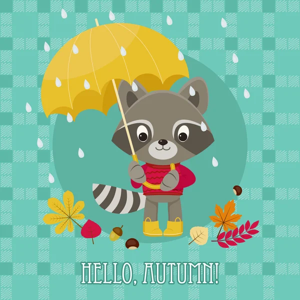 Greeting card "Hello autumn" with cute raccoon character under u — Stock Vector