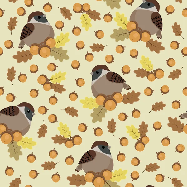 Sparrows and acorns seamless pattern — Stock Vector