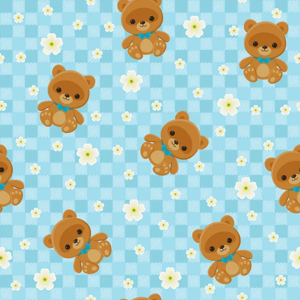 Blue checkered floral seamless pattern with teddy bear — Stock Vector