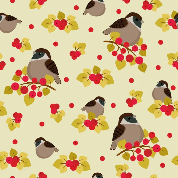 麻雀在树枝与莓果无缝模式上坐 — 图库矢量图片