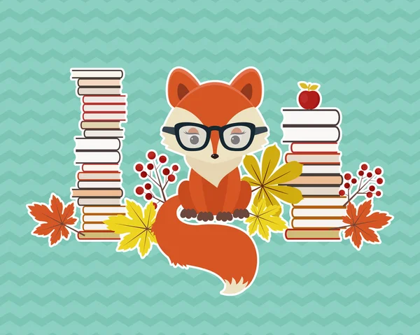 Smart fox in glasses with many books and autumn leaves. Eps 10 — Stock Vector