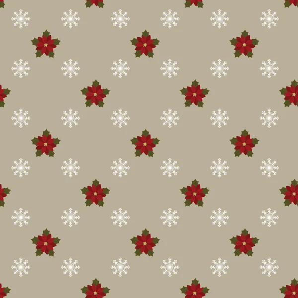 Poinsettia y copos de nieve sobre fondo gris. Fondo de pantalla sin costuras — Vector de stock