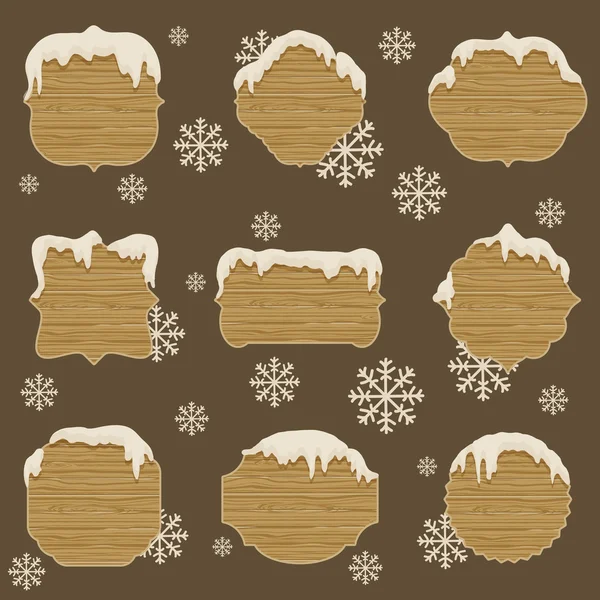 Panneaux en bois de différentes formes avec neige fondante — Image vectorielle