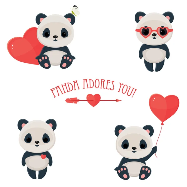 Dia de São Valentim ícones da web bonito com panda no amor — Vetor de Stock