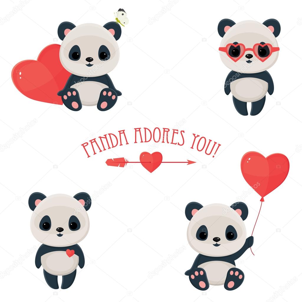 Saint Valentine's Day cute web icons with panda in love