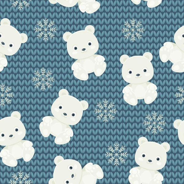 Polar bear and snowflakes over blue knitted background. Seamless — Stock Vector