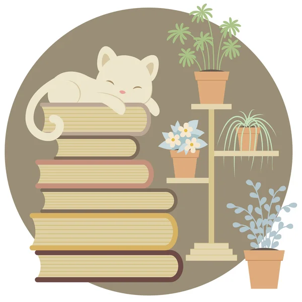 Sleeping cat on a pile of books close to indoor plants. — Stock Vector