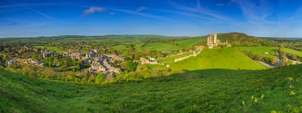Panorama of Corfe castle village and ruins of the castle in County Dorset
