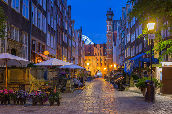 GDANSK, POLAND - 21 JUNE 2016: Beautiful architecture of Mariacka (St. Mary) street in Gdansk at night. Baroque architecture of Mariacka street is one of the most notable tourist attractions in Gdansk