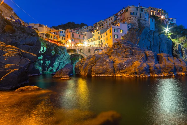 Manarola város éjjel a Ligur-tenger partján — Stock Fotó