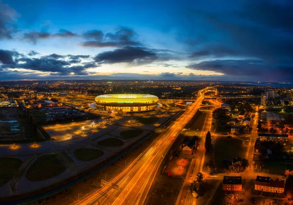 Gdaňsk Polsko Října 2020 Letecká Krajina Jantarovým Tvarem Stadion Energa — Stock fotografie