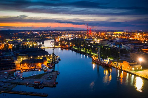 Cenário Surpreendente Estaleiro Canais Gdansk Entardecer Polónia — Fotografia de Stock