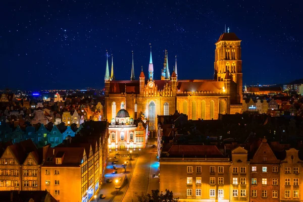 Gamla Stan Gdansk Med Mary Basilica Natten Polen — Stockfoto