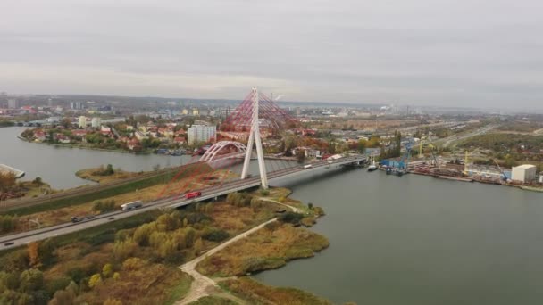 Gdansk Taki Vistula Nehrinde Kablo Destekli Köprü Polonya — Stok video