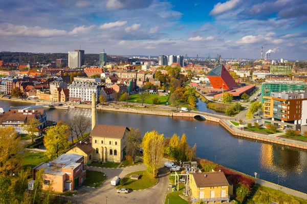 Vista Aérea Cidade Gdansk Rio Motlawa Com Arquitetura Incrível Polônia — Fotografia de Stock