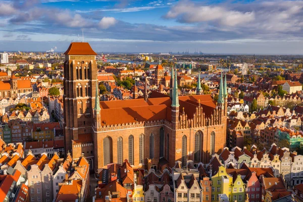 Vue Aérienne Vieille Ville Basilique Marys Gdansk Lever Soleil Pologne — Photo