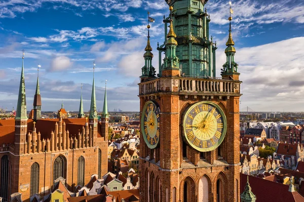 Beautiful Clock Town Hall Gdansk Sunrise Poland — Stock Photo, Image