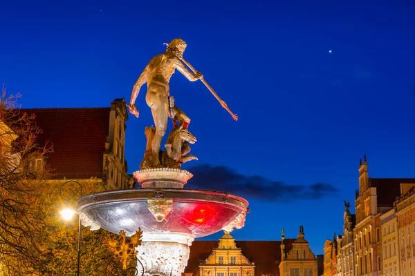 Vacker Arkitektur Gamla Stan Gdansk Med Neptunus Fontän Natten Polen — Stockfoto