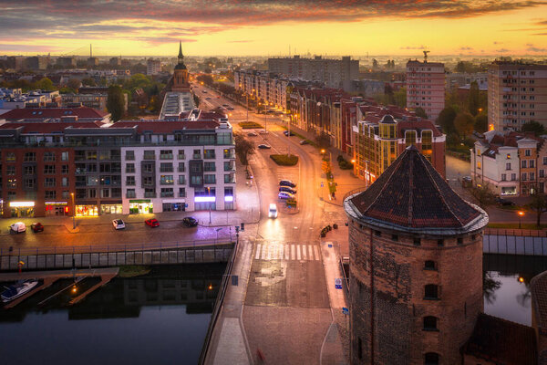 Aerial view of the old town of Gdansk at dawn, Poland