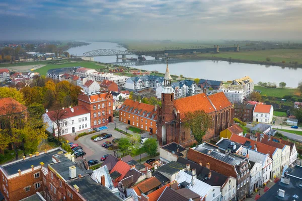 Geweldige Zonsopgang Boven Mistige Stad Tczew Rivier Vistula Polen — Stockfoto