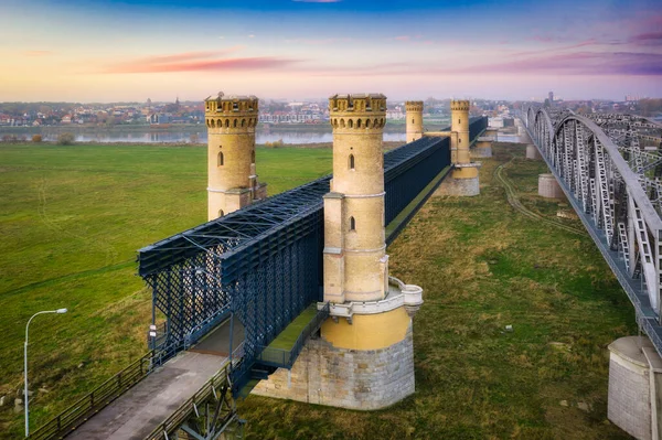 Воздушный Ландшафт Вислы Железнодорожный Мост Тчеве Польша — стоковое фото