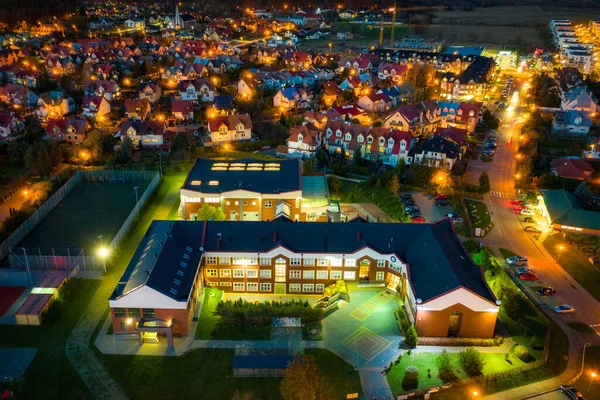 Aerial Landscape Illuminated Streets Elementary School Rotmanka Poland — Stock Photo, Image