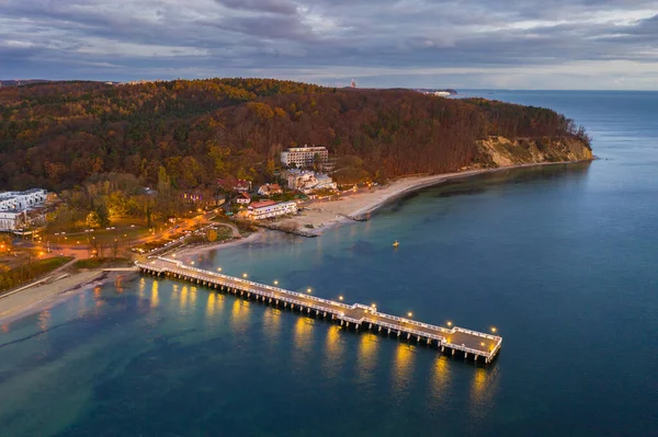 Vackert Landskap Med Träbrygga Gdynia Orlowo Före Soluppgången Polen — Stockfoto