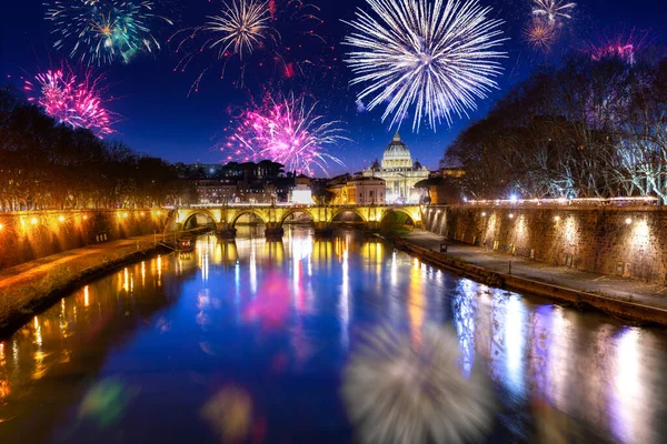 Fireworks Display Twe Saint Angelo Bridge Rome Italy — Stock Photo, Image