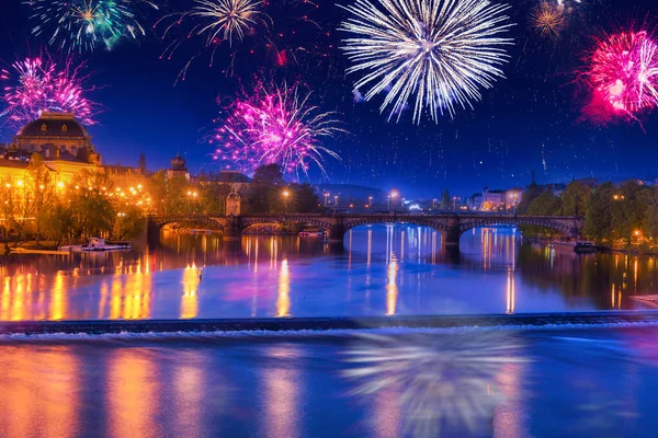 Vuurwerk Karelsbrug Praag Tsjechië — Stockfoto