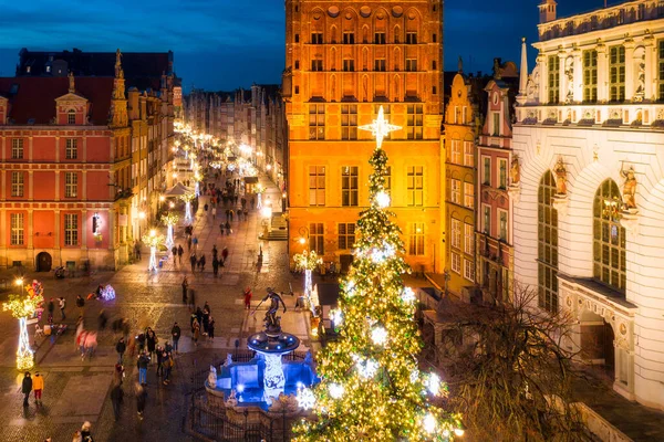 Choinka Dekoracje Starym Mieście Gdańska Zmierzchu Polska — Zdjęcie stockowe