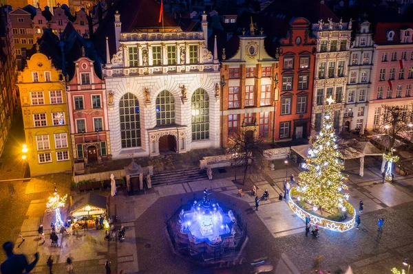 Árbol Navidad Decoraciones Casco Antiguo Gdansk Atardecer Polonia — Foto de Stock