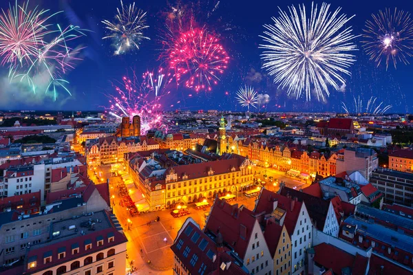 New Years Firework Display Wroclaw Old Town Poland — Stock Photo, Image