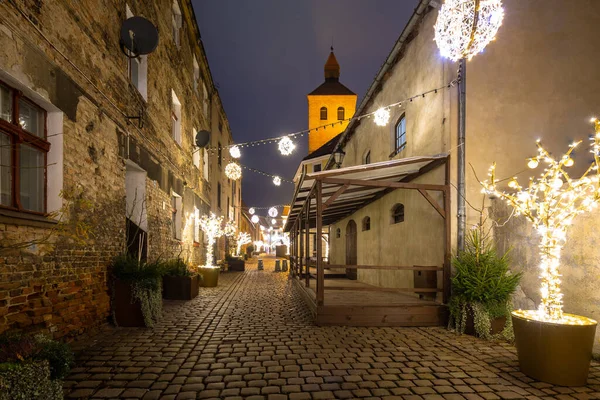 Prachtige Kerstversieringen Straat Van Grudziadz Nachts Polen — Stockfoto