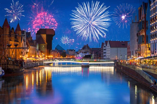 Vuurwerk Boven Oude Stad Gdansk Polen — Stockfoto