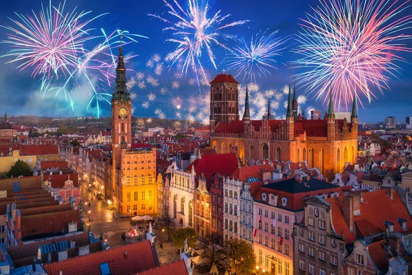 Vuurwerk Boven Oude Stad Gdansk Polen — Stockfoto