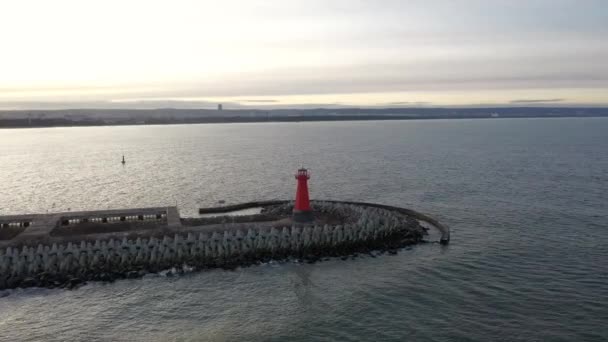 Farol Quebra Mar Oeste Nowy Port Pôr Sol Gdask Polónia — Vídeo de Stock