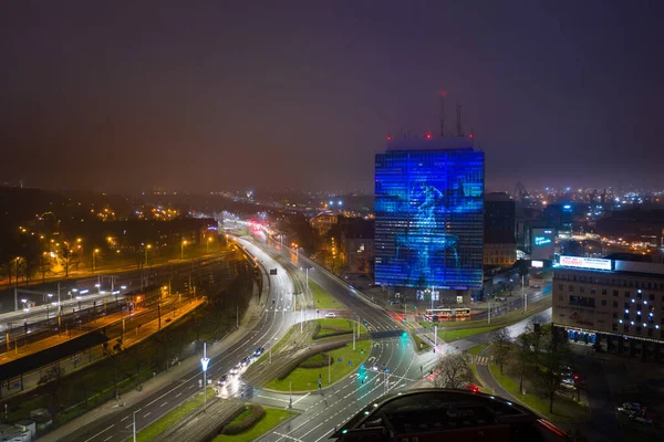 Gdansk Lengyelország 2021 Január Mapping Green Tower Skyscraper Gdansk New — Stock Fotó