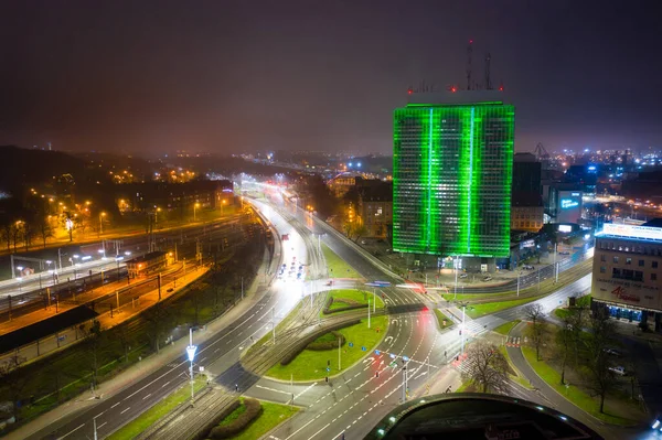 Gdansk Lengyelország 2021 Január Mapping Green Tower Skyscraper Gdansk New — Stock Fotó