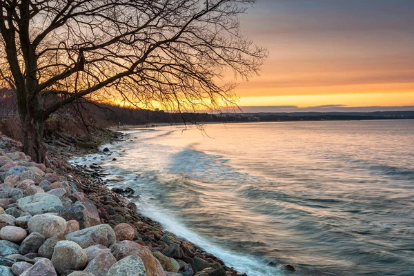 Balti Tenger Strand New Port Naplementekor Gdansk Lengyelország — Stock Fotó