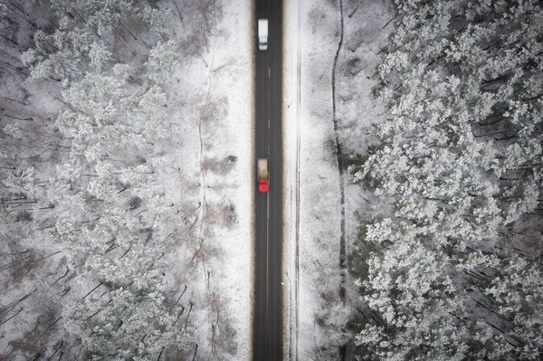 Letecký Pohled Silnici Idylické Zimní Krajině — Stock fotografie