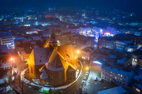 Αεροφωτογραφία Της Παλιάς Πλατείας Της Πόλης Koscierzyna Νύχτα Πολωνία — Φωτογραφία Αρχείου