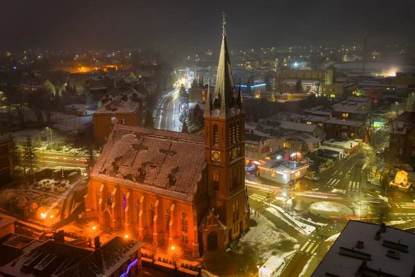 Flygfoto Över Gamla Torget Koscierzyna Stad Natten Polen — Stockfoto